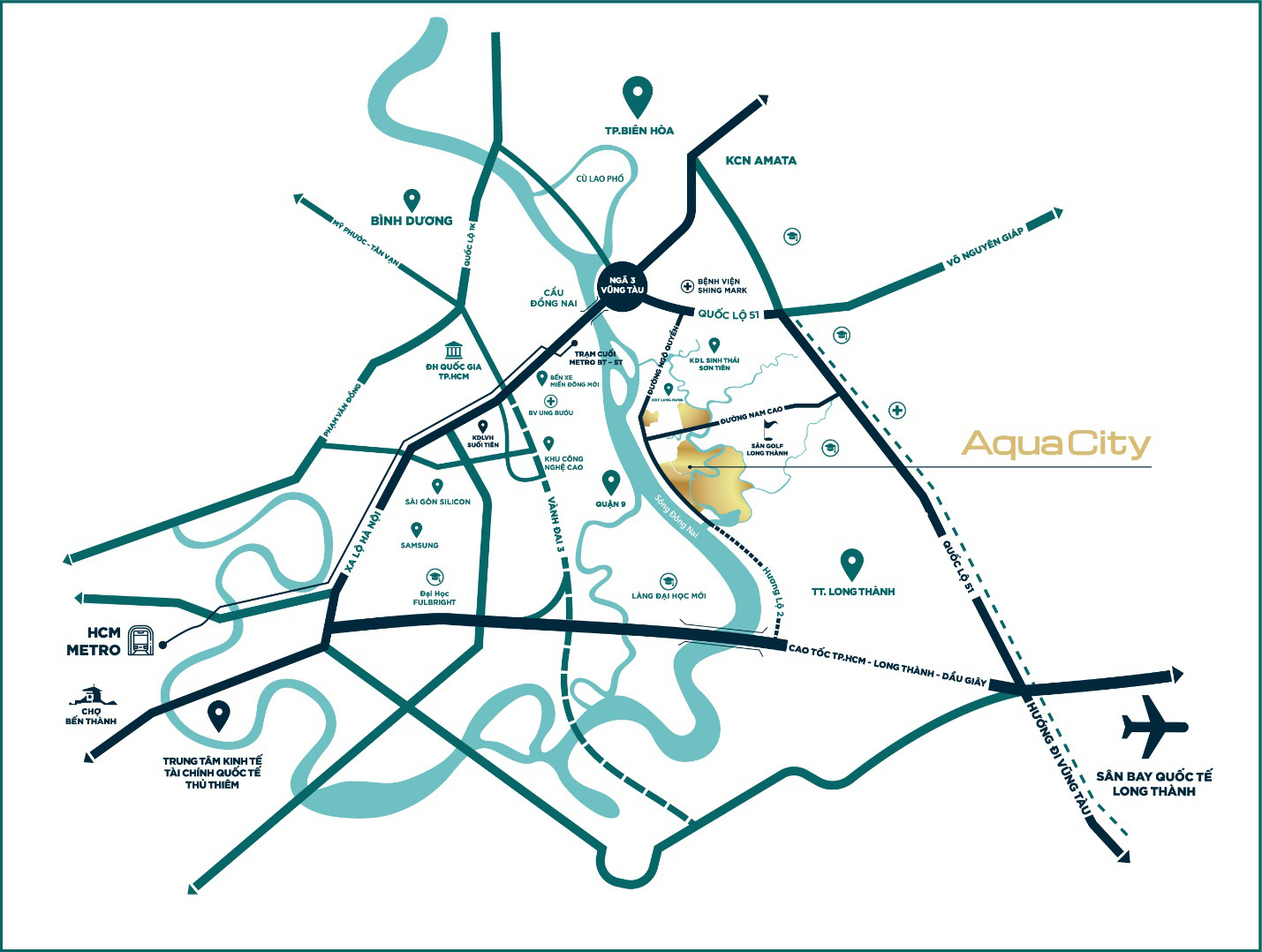 Sở hữu giá trị kết nối chiến lược, từ Aqua City cư dân dễ dàng kết nối nhanh chóng về trung tâm TP.HCM hay sân bay Long Thành